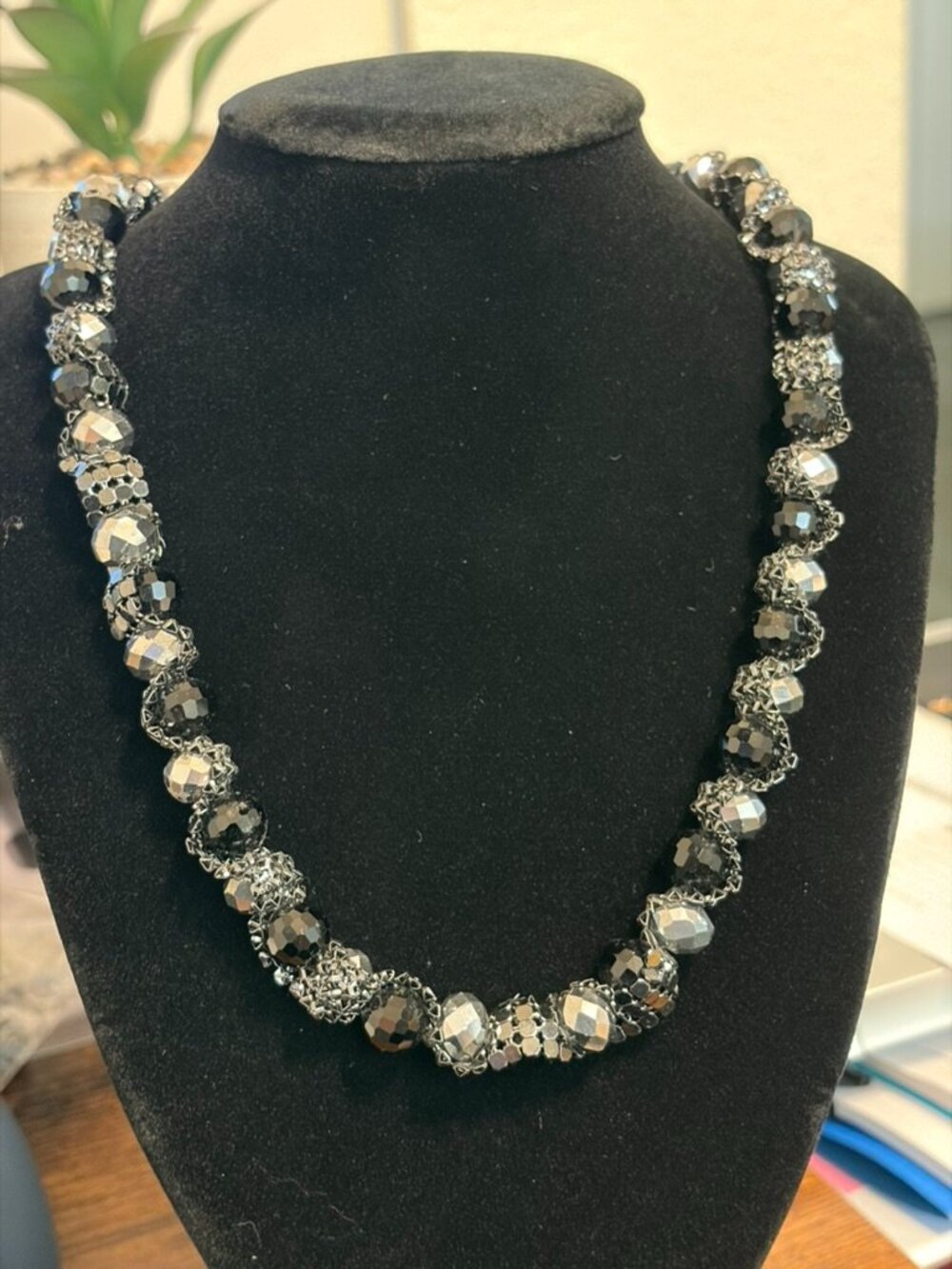 Bold Gunmetal & Black Crystal Beaded Statement Necklace Glam Chic Jewelry